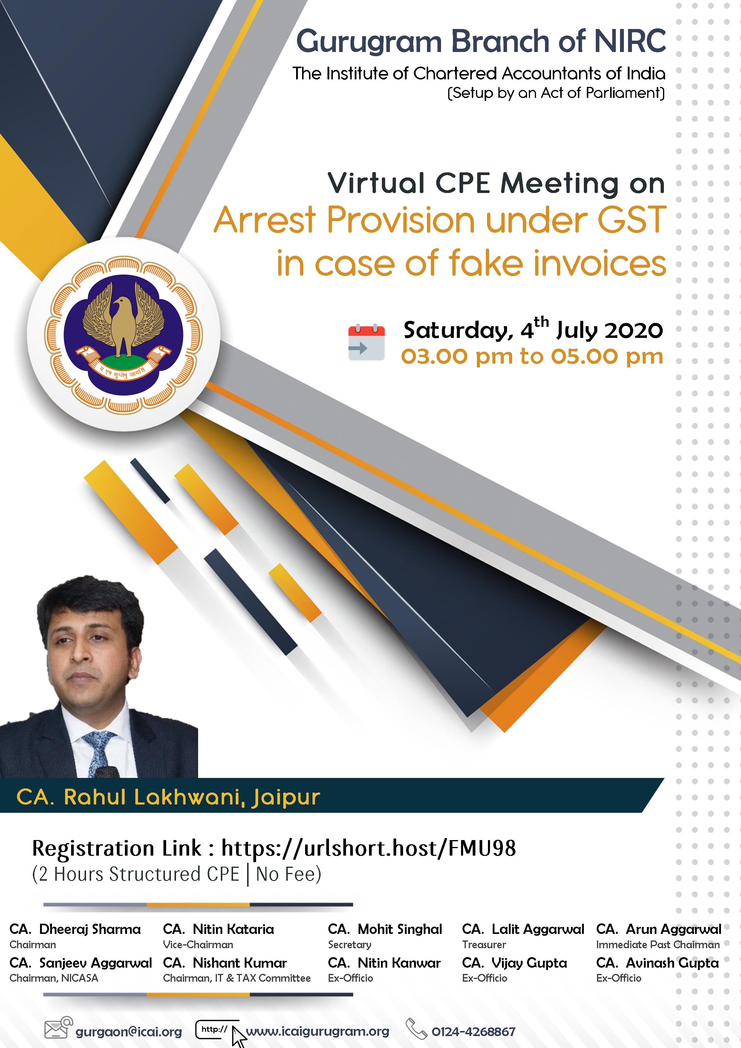 Virtual CPE Meeting on Arrest Provision under GST in case of fake invoices