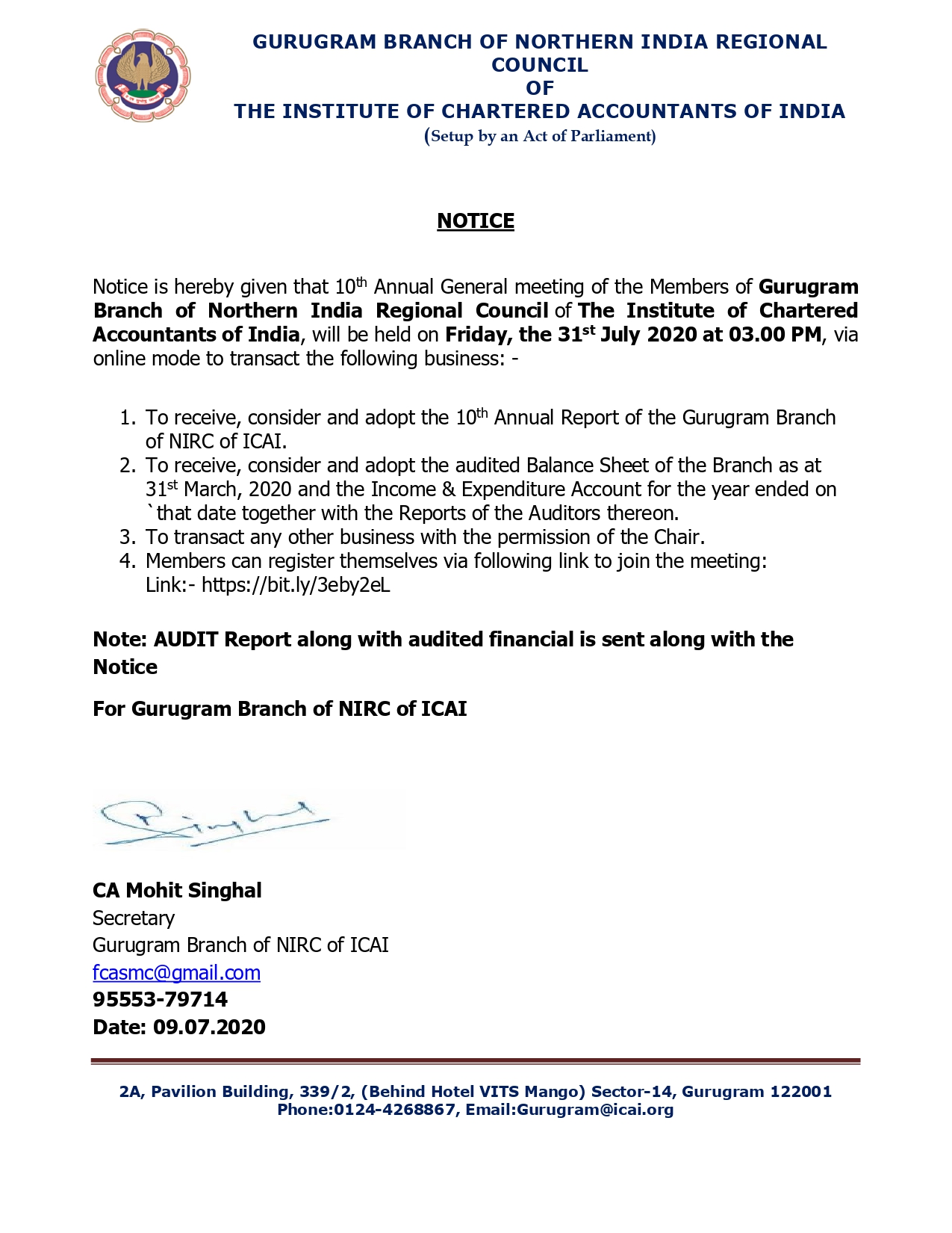 Notice for AGM of Gurugram Branch of NIRC of ICAI-FY 2019-20