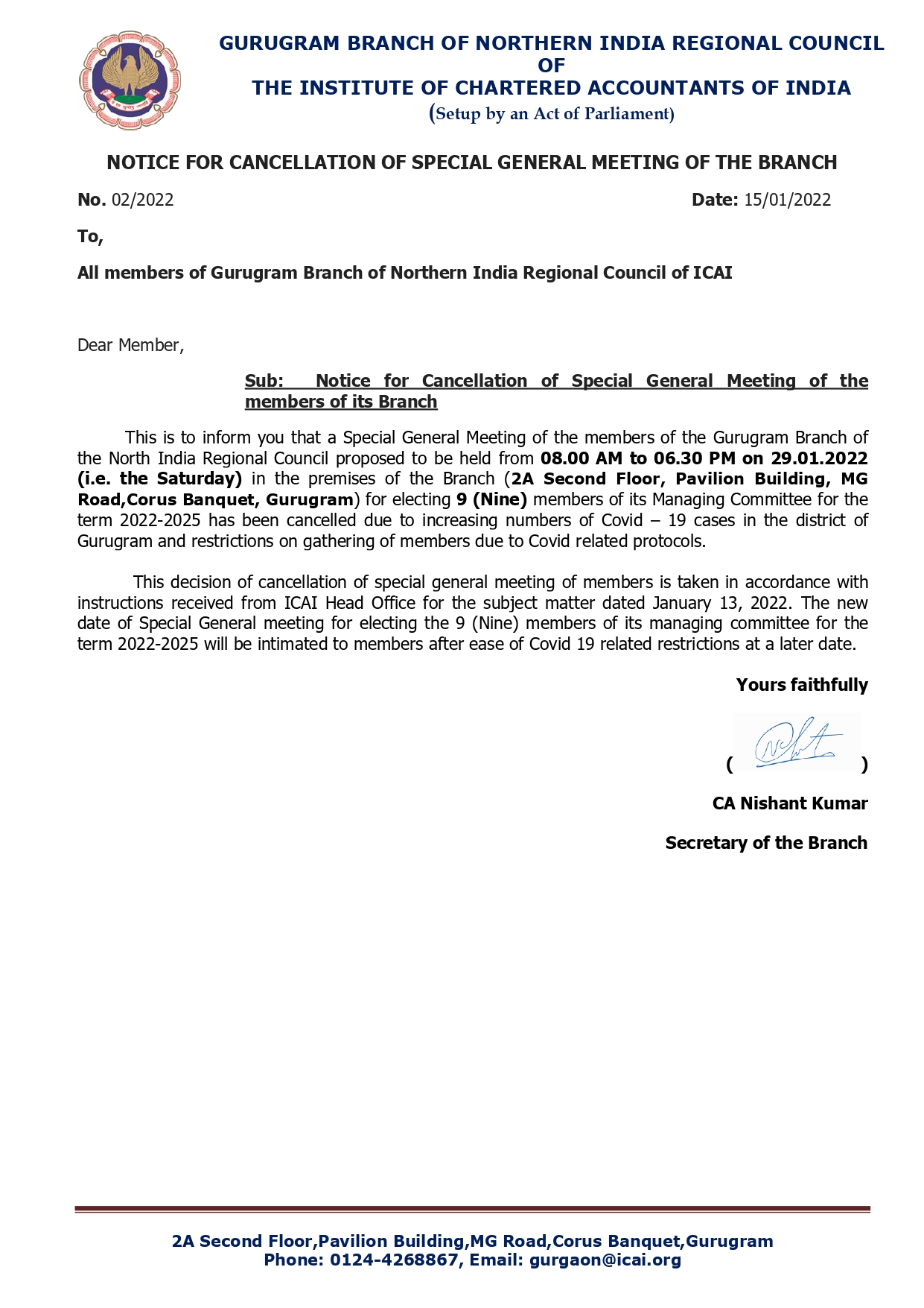 Notice for Cancellation of Special General Meeting of Gurugram Branch of NIRC of ICAI