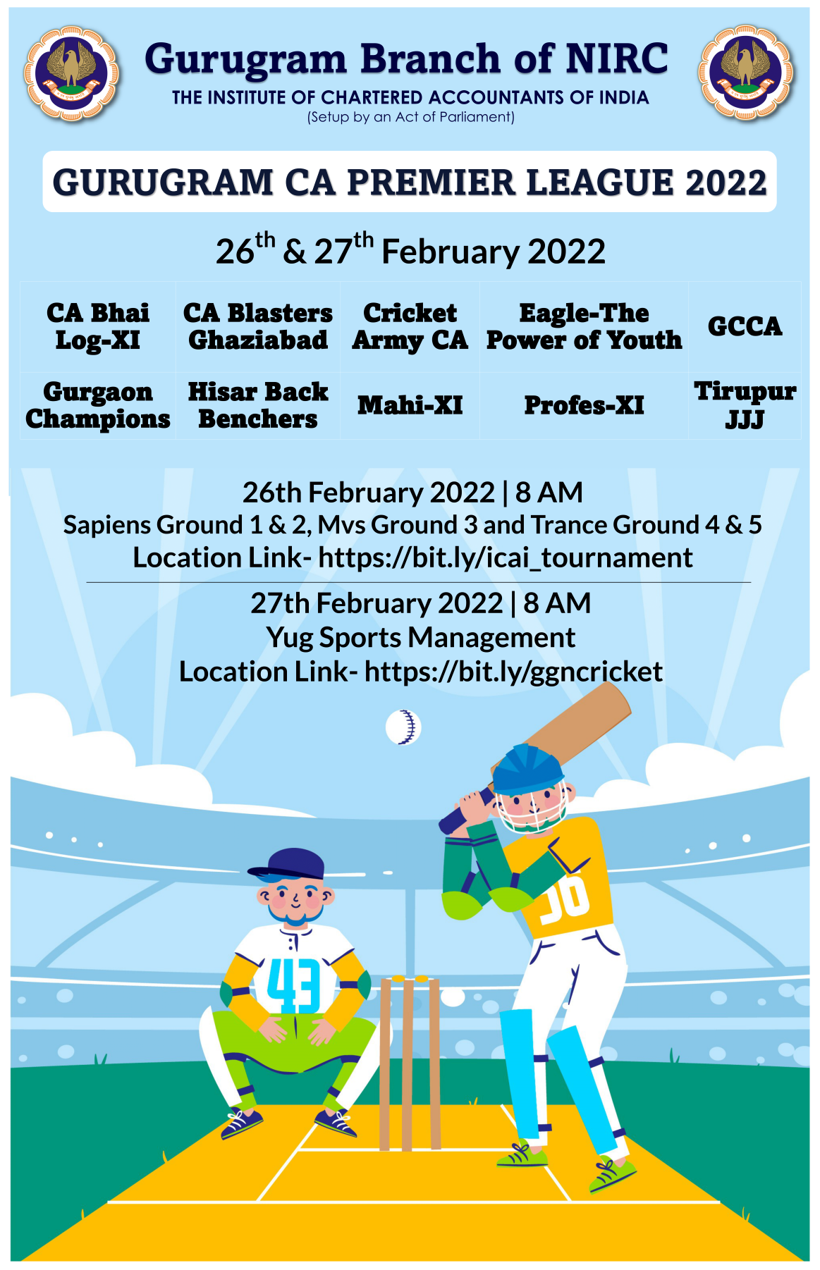 Cordial Invitation for National Level CA Cricket Tournament on 26th & 27th February 2022