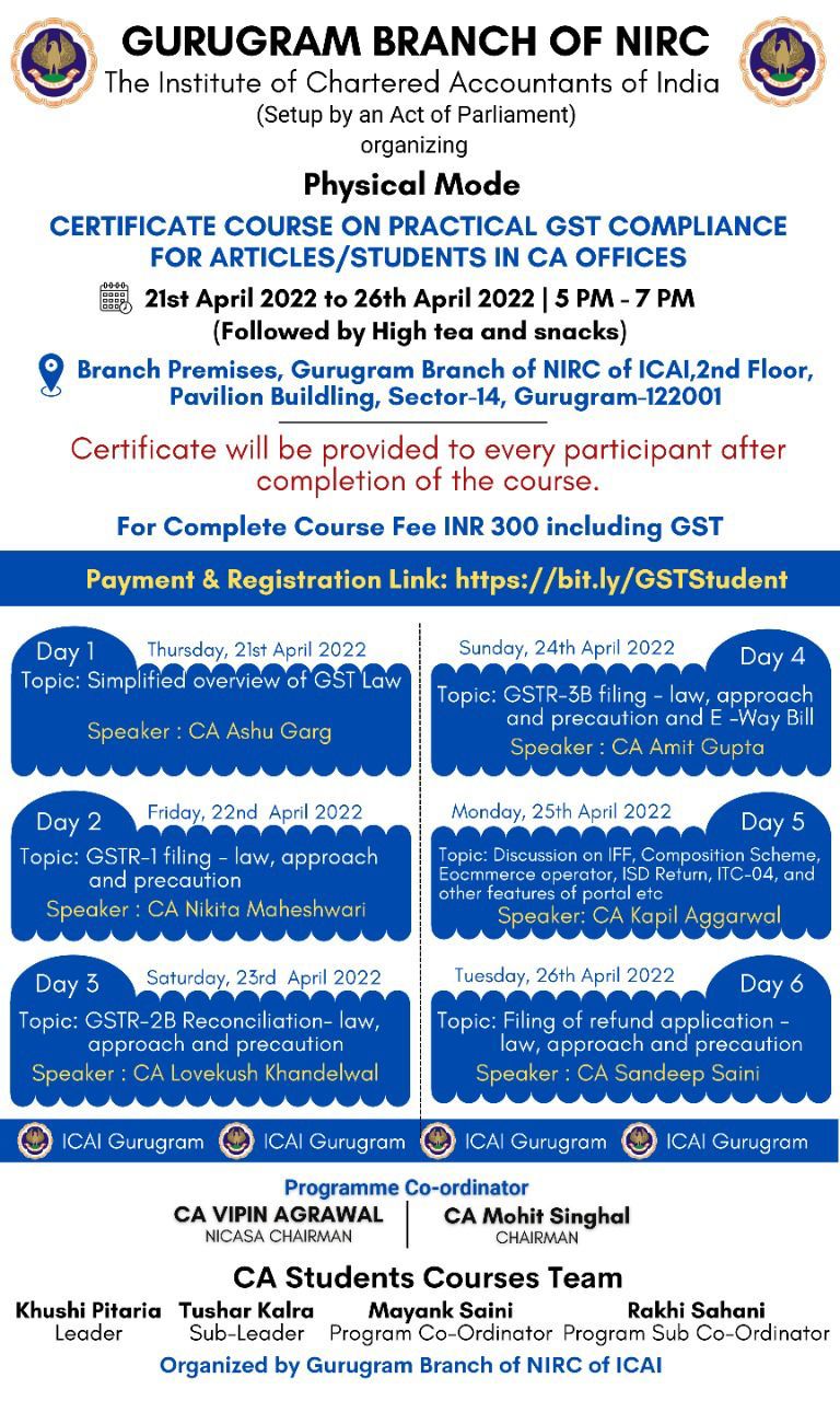 Certificate Course on Practical GST Compliance for Articles/Students in CA offices