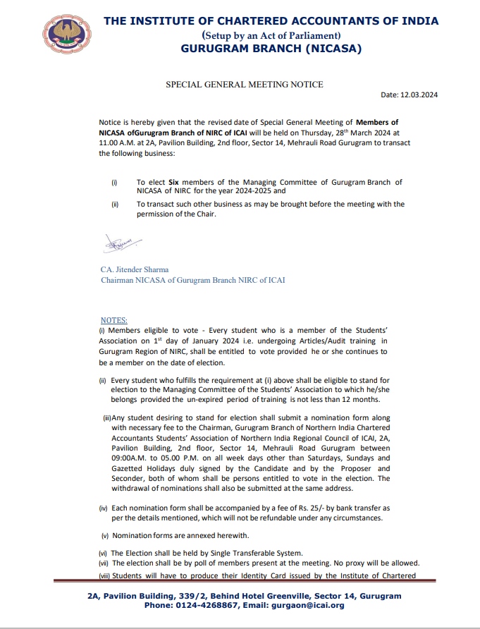 Notice of NICASA Elections-Gurugram Branch (NIRC)