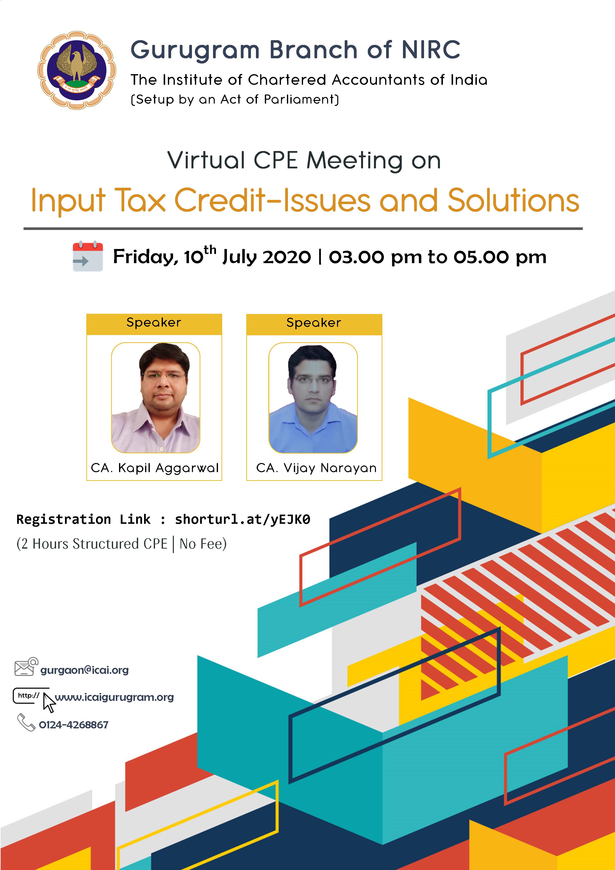 Virtual CPE Meeting on Input Tax Credit-Issues and Solutions