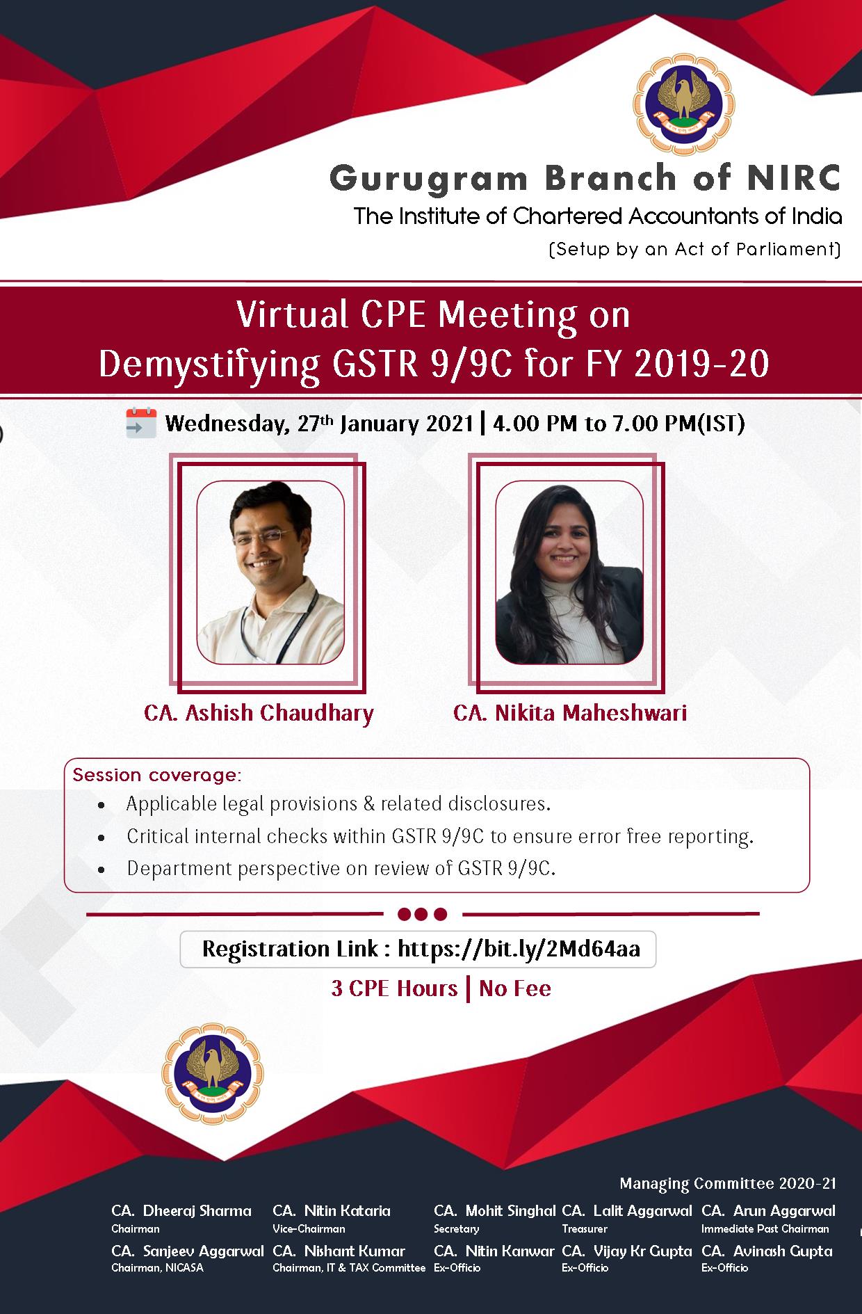 Virtual CPE Meeting on Demystifying GSTR 9/9C for FY 2019-20